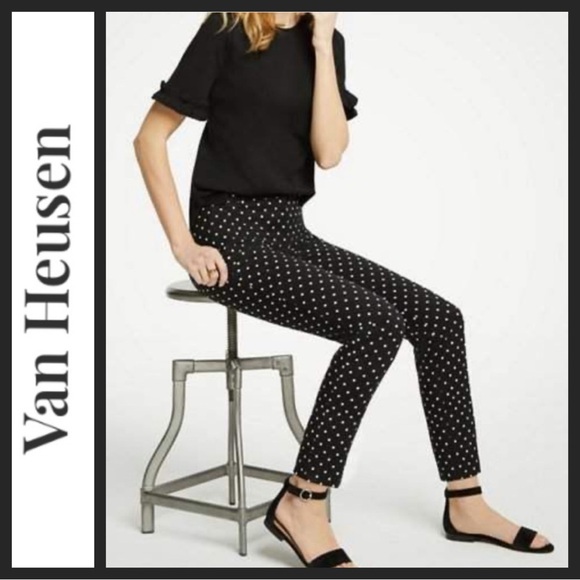 NWT Van Heusen Black and White Polka Dot Super Stretch Straight Leg Pants - Picture 1 of 8